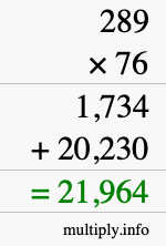 How to calculate 289 times 76 using long multiplication