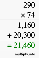 How to calculate 290 times 74 using long multiplication