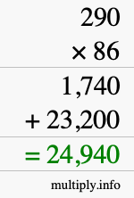 How to calculate 290 times 86 using long multiplication