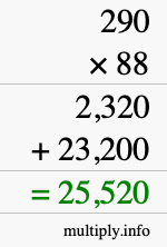 How to calculate 290 times 88 using long multiplication
