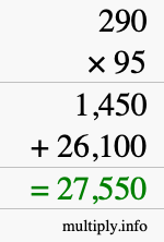 How to calculate 290 times 95 using long multiplication