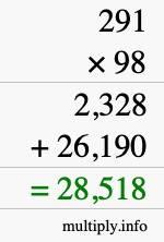 How to calculate 291 times 98 using long multiplication