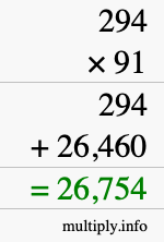 How to calculate 294 times 91 using long multiplication