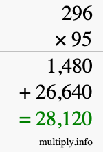 How to calculate 296 times 95 using long multiplication