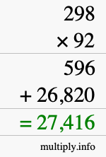 How to calculate 298 times 92 using long multiplication