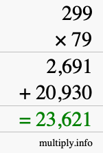 How to calculate 299 times 79 using long multiplication