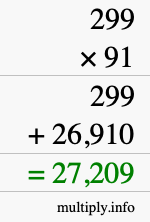 How to calculate 299 times 91 using long multiplication