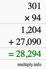 How to calculate 301 times 94 using long multiplication