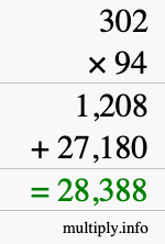 How to calculate 302 times 94 using long multiplication