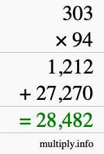 How to calculate 303 times 94 using long multiplication