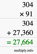 How to calculate 304 times 91 using long multiplication