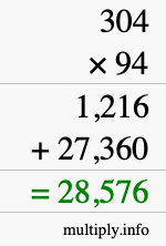 How to calculate 304 times 94 using long multiplication