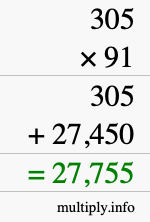 How to calculate 305 times 91 using long multiplication