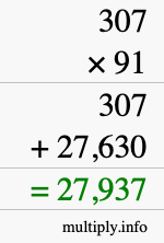 How to calculate 307 times 91 using long multiplication
