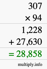 How to calculate 307 times 94 using long multiplication