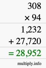 How to calculate 308 times 94 using long multiplication