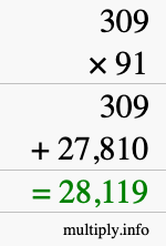 How to calculate 309 times 91 using long multiplication