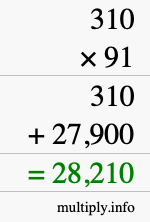 How to calculate 310 times 91 using long multiplication