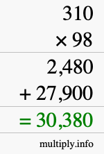 How to calculate 310 times 98 using long multiplication