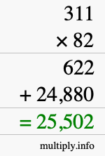 How to calculate 311 times 82 using long multiplication