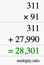How to calculate 311 times 91 using long multiplication