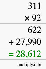 How to calculate 311 times 92 using long multiplication