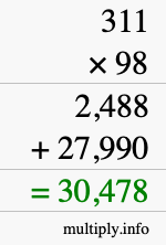 How to calculate 311 times 98 using long multiplication