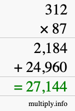 How to calculate 312 times 87 using long multiplication
