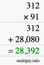 How to calculate 312 times 91 using long multiplication