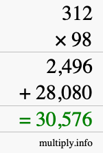 How to calculate 312 times 98 using long multiplication