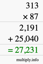 How to calculate 313 times 87 using long multiplication