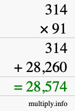How to calculate 314 times 91 using long multiplication