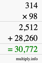 How to calculate 314 times 98 using long multiplication