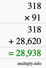 How to calculate 318 times 91 using long multiplication