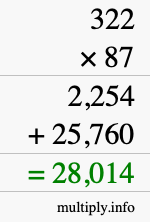 How to calculate 322 times 87 using long multiplication