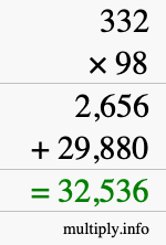 How to calculate 332 times 98 using long multiplication