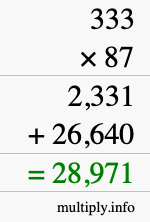 How to calculate 333 times 87 using long multiplication