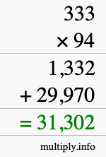 How to calculate 333 times 94 using long multiplication