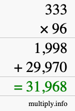 How to calculate 333 times 96 using long multiplication