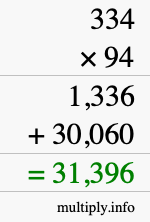 How to calculate 334 times 94 using long multiplication