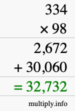 How to calculate 334 times 98 using long multiplication