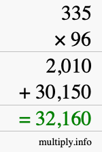 How to calculate 335 times 96 using long multiplication