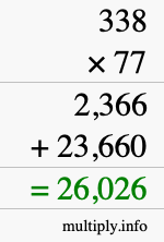 How to calculate 338 times 77 using long multiplication