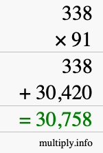 How to calculate 338 times 91 using long multiplication