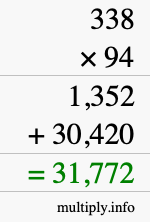 How to calculate 338 times 94 using long multiplication