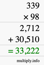 How to calculate 339 times 98 using long multiplication