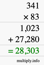 How to calculate 341 times 83 using long multiplication