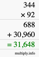How to calculate 344 times 92 using long multiplication
