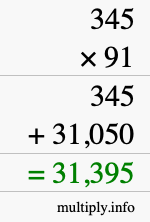 How to calculate 345 times 91 using long multiplication