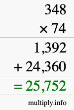 How to calculate 348 times 74 using long multiplication